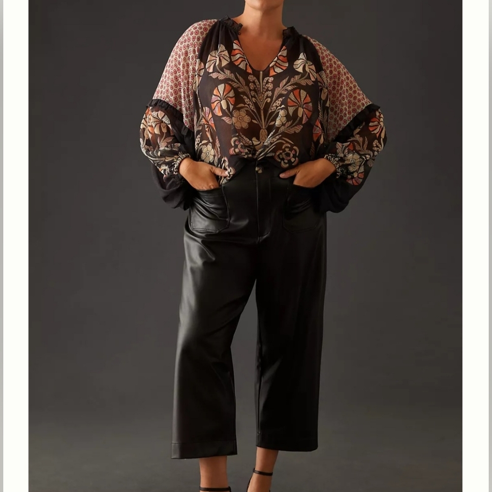 Anthropologie Sheer Black Floral-Print V-Neck Women's Top M/l